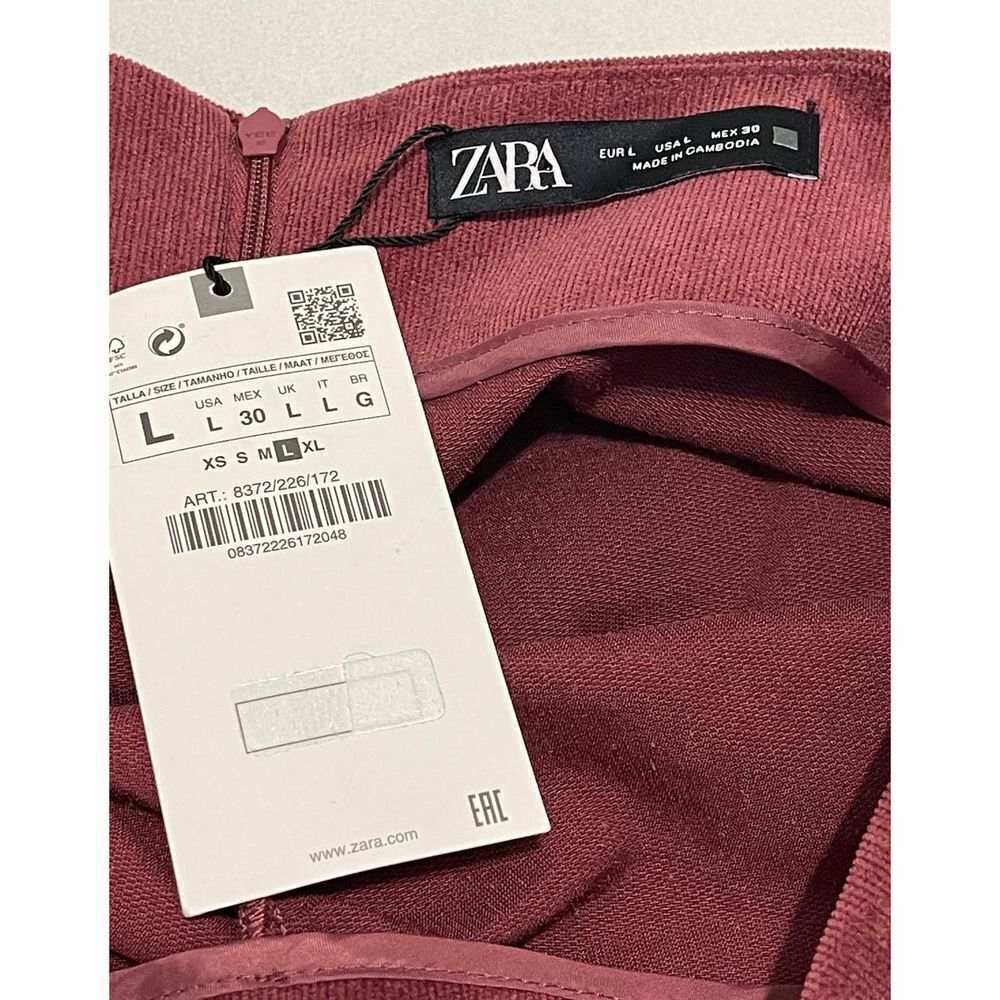 Zara Draped Corduroy Ruched Mini Skirt Dusty Burgundy Red Women’s Size Large - Picture 3 of 9
